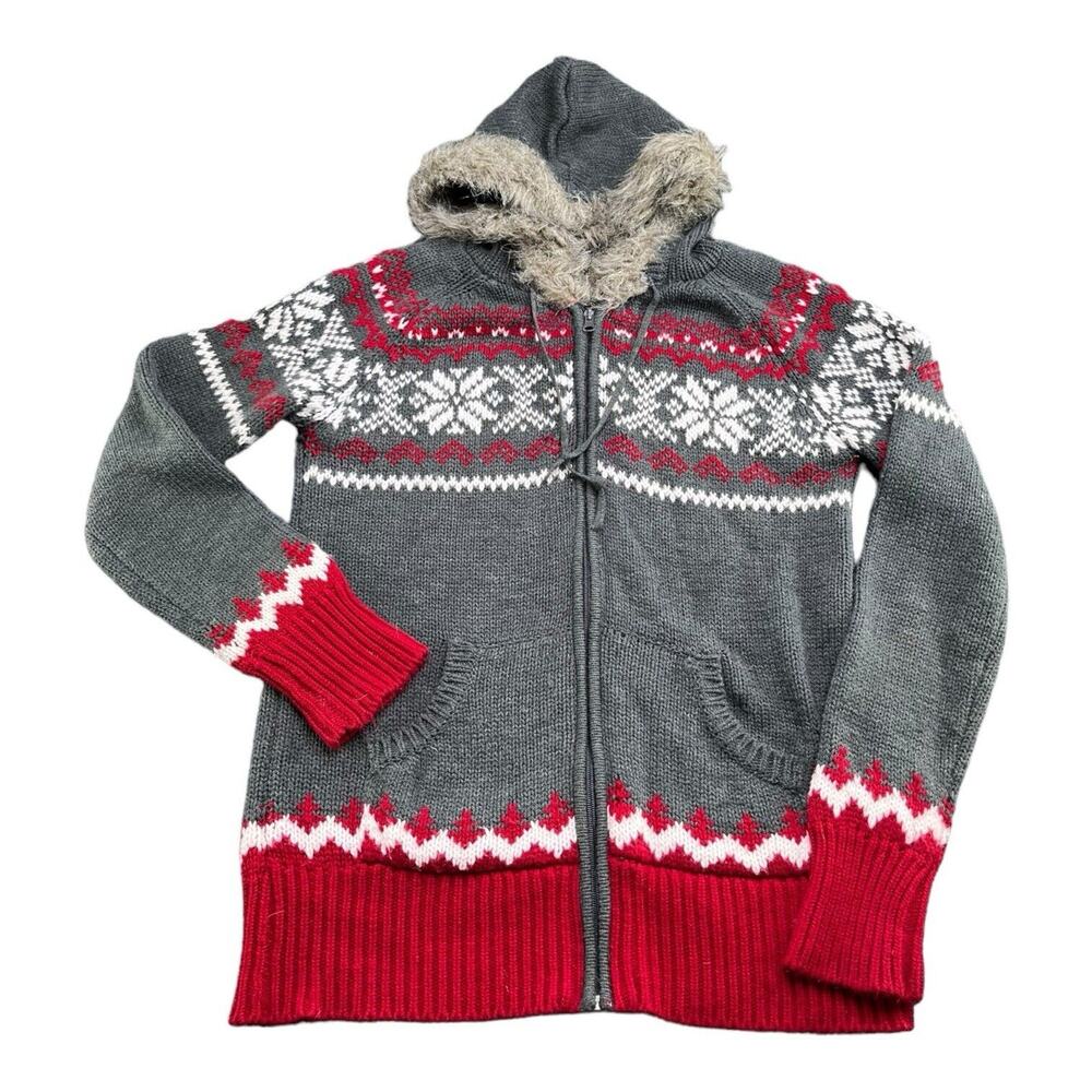 Motherhood Maternity Gray and Red Hooded Fair Isle Knit Sweater